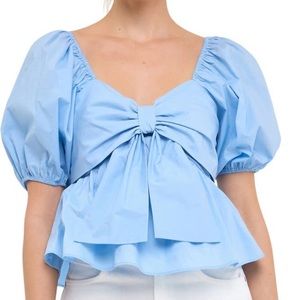 English Factory Blue Puff Sleeve Cotton Top